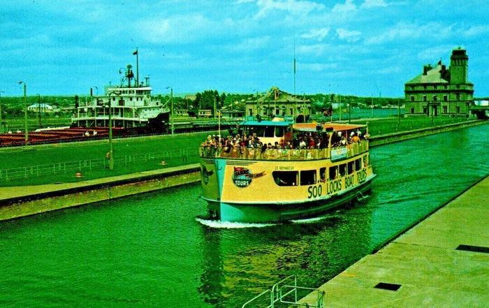 Soo Locks Boat Tours - Old Postcard (newer photo)